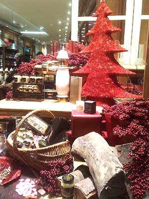 Cửa hiệu Maison des Épices chuyên bán đủ loại gia vị chọn màu đỏ mọng, trưng bày một cây thông làm bằng muối, hạt cải cay và hạt  tiêu tươi (ảnh Tuấn Thảo)