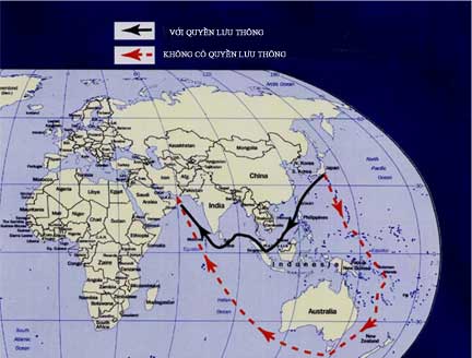 Nếu Biển Đông bị Trung Quốc kiểm soát, tàu bè không được phép đi qua sẽ phải đánh một đường vòng rất xa(Ảnh : DR)