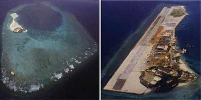 Malaysia đã xây dựng cơ sở kiên cố trên đảo Hoa Lau (Swallow) :  ảnh chụp vào giai đoạn trước (T) và hiện nay (P)(Ảnh : DR)