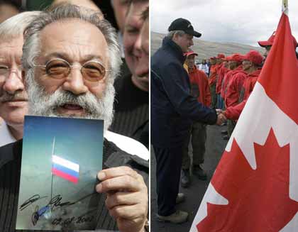 Tranh giành Bắc Cực : Nhà thám hiểm Nga Artur Chilingarov trưng tấm ảnh chụp lá cờ do ông cắm vào tháng 7/2007 để đòi chủ quyền (T); Thủ tướng Canada Stephen Harper đi thăm đội biên phòng Bắc Cực Arctic Rangers vào tháng 8/2007, khẳng định trở lại chủ quyền của Canada (P)(Ảnh : Reuters)