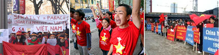 Thanh niên Việt Nam đã từng xuống đường khắp nơi phản đối Trung Quốc để bảo vệ chủ quyền đất nước trên Hoàng Sa và Trường Sa như ở Pháp (T), Việt Nam (G) và Đức (P).(Ảnh ghép : DR)
