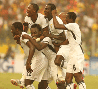 Les Ghanéens célèbrent un but.(Photo : Pierre René-Worms/RFI)