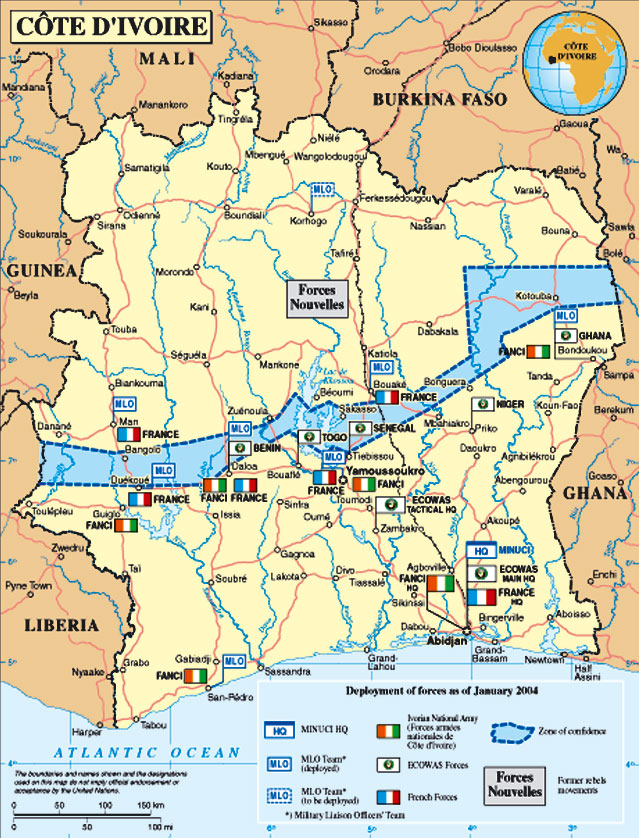 Carte militaire de la Côte d'Ivoire établie par l'Onuci (opération des Nations unies en Côte d'Ivoire), novembre 2004