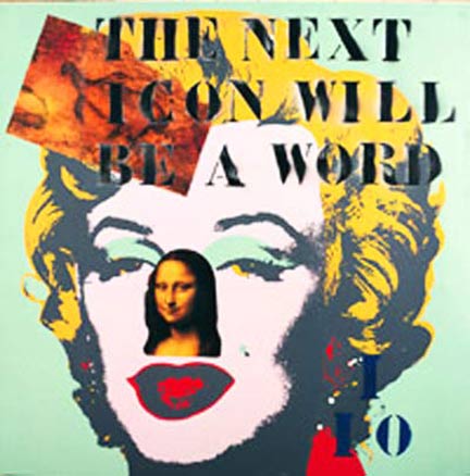 Julien Blaine, «The next icon will be a word:IIO» (1997), acrylique et collage sur sérigraphie, collection Carlo Palli.© Museo Ideale Leonardo da Vinci