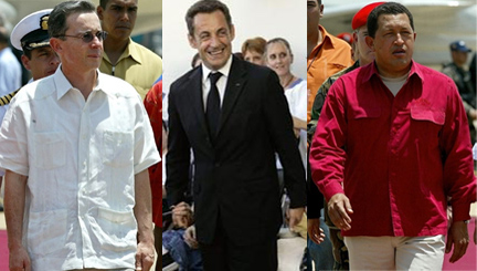 (de gauche à droite) Le président Uribe de Colombie, le président français Sarkozy et le président Chavez du Venezuela. (Photos : AFP)