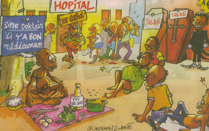 En période de crise, les vendeurs de « médicaments africains » prospèrent…<br />(Illustration (détail) de Richard/Zohoré tirée du journal ivoirien <a href="http://www.gbichonline.com/" target="_blank"><em>Gbich!</em></a> (N°414, 21 au 27/09/07))