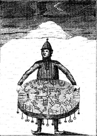 Un Noai'di (chaman) sâme avec son tambour magique.(Gravure: domaine public)