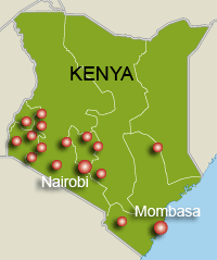L'opposition dirigée par Raila Odinga appelle à manifester dans la capitale Nairobi et dans 15 autres localités du pays. <a href="http://www.rfi.fr/actufr/images/097/carte_kenya624.pdf" target="_blank"><strong>Voir la carte en grand format.</strong></a>(Carte : L. Mouaoued/RFI)
