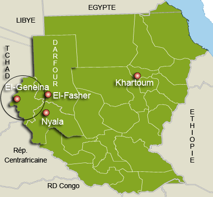 L’aviation tchadienne a bombardé, lundi 7 janvier 2008, des bases rebelles installées au sud-ouest de la localité soudanaise d’el-Geneina, au Darfour.(Carte : L. Mouaoued / RFI)