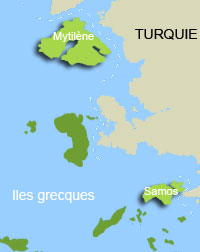 Les îles grecques de Mytilène et de Samos sont des lieux de passage depuis la Turquie vers la Grèce pour les immigrés clandestins.(Carte : D. Alpoge/RFI)
