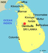 Un attentat à la bombe a fait de nombreuses victimes à Dambulla dans le centre-nord du Sri Lanka.(Carte : Geoatlas/RFI)