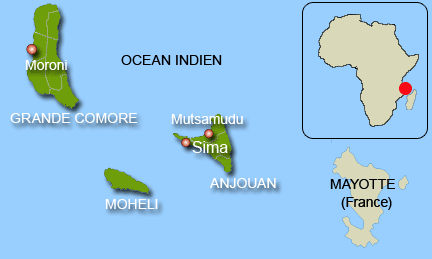 L'hélicoptère français a atterri en urgence dans le lagon de Sima sur l'île d'Anjouan.(Carte : L. Mouaoued/RFI)