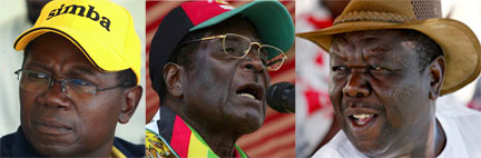 Les deux challengers de Robert Mugabe&nbsp;(C), Simba Makoni&nbsp;(G) et Morgan Tsvangirai.(Photos : Reuters - Montage RFI)