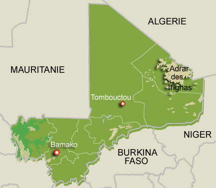La population touareg du Mali se trouve en grande partie dans le massif d'Adrar des Ifïghas.(Carte : L. Mouaoued/RFI)