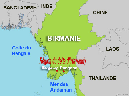 La région du delta d'Irrawaddy, frappée par le cyclone Nargis, le samedi 3 mai 2008.(Carte : F. Achache et S. Borelva / RFI)