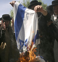 Des membres de Neturei Karta, un mouvement ultra-orthodoxe et antisioniste, brîlent un drapeau israélien en signe de protestation.(Photo : Reuters)