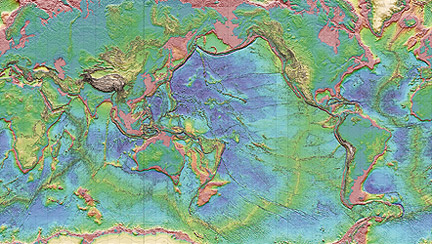 Carte des reliefs du Monde (carte physiographique), Feuille 1 de la 3ème édition de la Carte géologique du Monde au 1/25 000 000 à paraître été 2008.© CCGM, 2008 (Commission de la Carte Géologique du Monde)