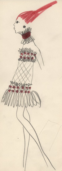 Croquis d'une robe à l'influence africaine, 1967 (Crédit : <a href="http://www.fondation-pb-ysl.net/" target="_blank">Fondation Pierre Bergé-Yves Saint Laurent</a>)