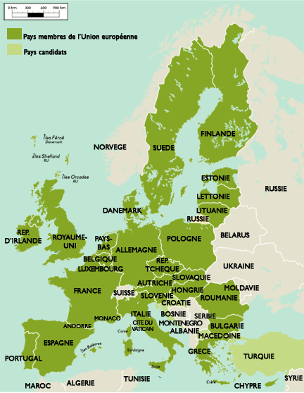 Les 27 Etats membres de l'Union européenne et les 3 pays candidats : Croatie, Macédoine et Turquie.(Carte : RFI)