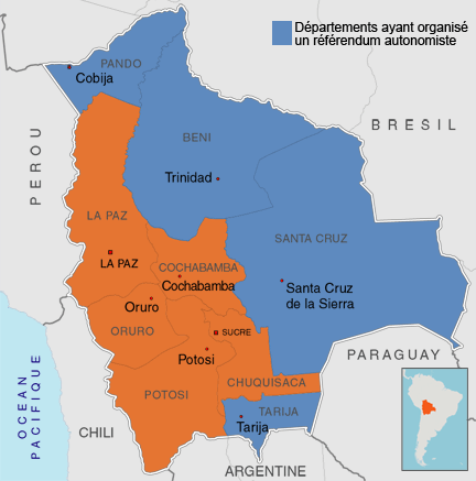 Tarija est le quatrième des neuf départements de Bolivie à organiser un référendum autonomiste, après Santa Cruz, Beni et Pando.(Carte : RFI)