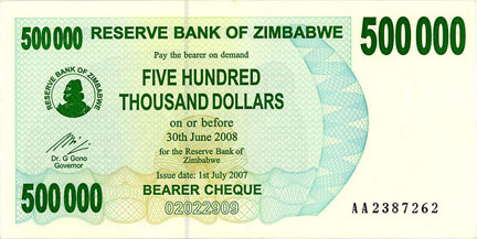Un ancien billet de 500 000 dollars zimbabwéen qui sera remplacé par de nouvelles coupures le 1er août 2008.(Photo: DR)