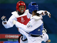 Malgré sa victoire matinale sur la Vietnamienne Nguyen, la taekwondoiste sénégalaise Bineta Diedhiou a été éliminée.  (Photo : Reuters) 