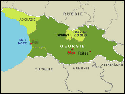 C'est à Gori qu'il y a le plus de victimes civiles, la Russie redoute que la Géorgie n'achemine des armes par le port de Poti.(Carte:  RFI)