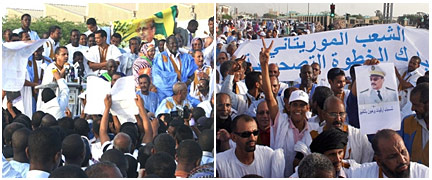 Des groupes de manifestants soutenant le président Sidi Ould Cheikh Abdallahi (à gauche) ou la junte militaire (à droite) à Nouakchott le 11 août 2008.(Photo : AFP)