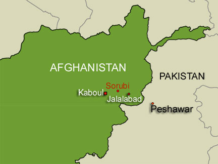 Sorubi, à l'est de Kaboul, lieu de l'embuscade avec les talibans.(Carte: RFI)