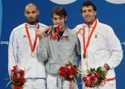 Le podium du tournoi individuel d'épée avec l'or pour l'italien Matteo Tagliariol, l'argent pour le français Fabrice Jeannet et le bronze pour l'espagnol Jose Luis Abajo, le 10 août 2008 à Pékin