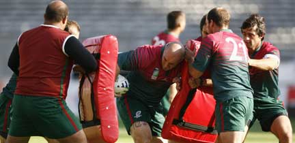 Le XV portugais, ici à l'entraînement, affronte la Roumanie pour son dernier match de la compétition, le 25 septembre à Toulouse.(Photo: Reuters)