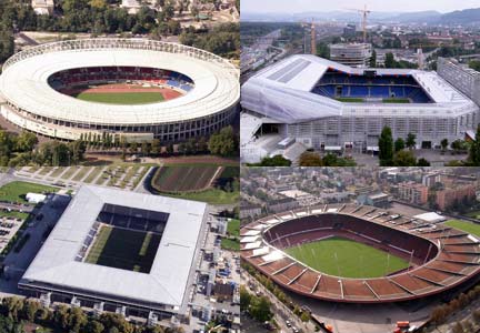 Quatre stades de l'Euro 2008&nbsp;: Vienne, Bâle, Salzbourg et Zürich.(Source: UEFA)