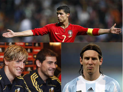 Quatre favoris pour le Ballon d'or : Cristiano Ronaldo (en haut), Fernando Torres, Iker Casillas et Lionel Messi (en bas, de gauche à droite).(Photos : Reuters)